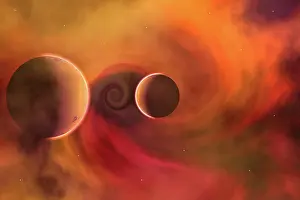 Spacetime: Two planets getting pulled into a black hole