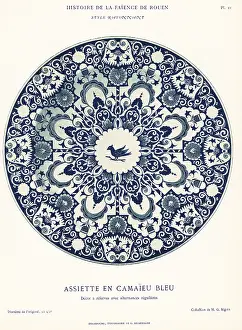 Faience: Plate in blue camaieu, festoon style, Rouen
