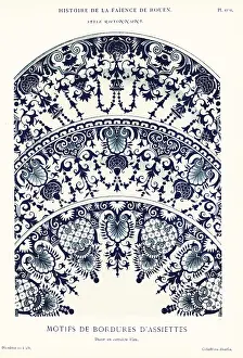 Auguste Le Brument: Plate border mofifs in blue camaieu, festoon style, Rouen