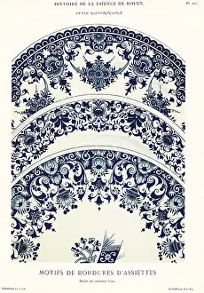 Auguste Le Brument: Plate border mofifs in blue camaieu, festoon style, Rouen