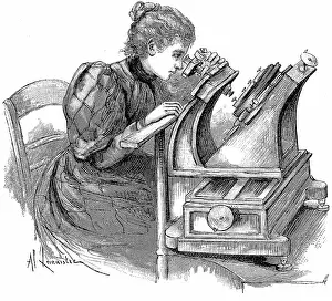 Microscope: Plate measuring microscope. Woman measuring star