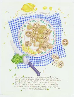 Gingham: A plate of mushrooms on a blue gingham cloth