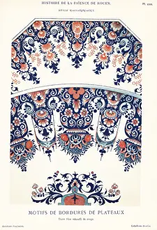 Auguste Le Brument: Platter border motifs in blue and red festoon style, Rouen