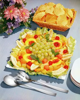 Apricot: Platter of Fresh Sliced Fruit Banana Peach Cherry