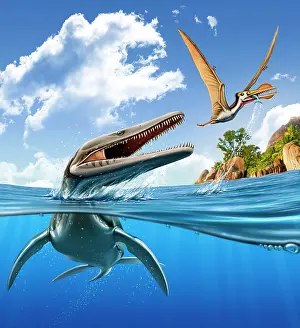 Rival: A Plesiopleurodon jumps out of the water, attacking an ?