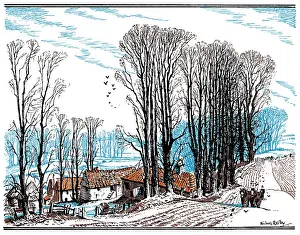 Hourse: Ploughing ? rural scene with farm and fields