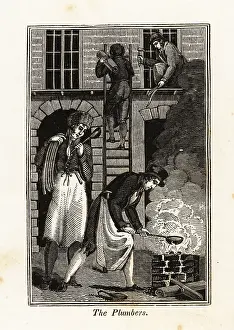 Plumbers: Plumbers fixing lead pipes on a building site