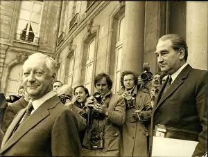 Messmer: PM Pierre Messmer and Joseph Comiti leave Elysee Palace