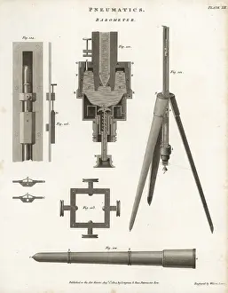 Barometer: Pneumatics- barometer, section, elevation, 18th century