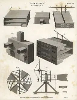 Farey: Pneumatics ventilator, section and plan, 18th century