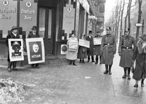 Sentry: Police guard a polling station, 1932