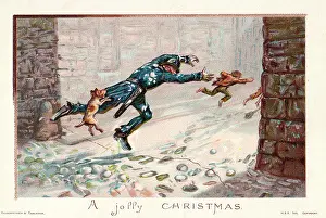 Tripping: Policeman chasing thieves on a Christmas card