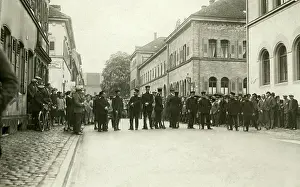 Indignant: Policemen block a road, 1930