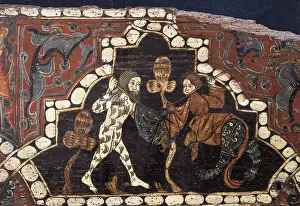 Duero: Detail of a polychrome beam with scene of a knight