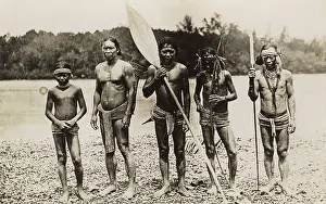 Tattoos: Polynesians with spear, bow and arrow and leaf-shaped paddle