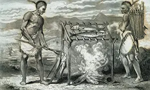 1844: Ponca indians roasting fish. Engraving