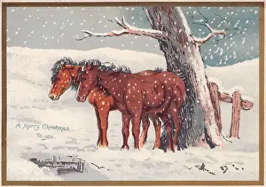 Victorian Christmas: Two ponies in the snow on a Christmas card