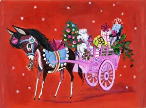 Findlay: Poodle in donkey cart with Christmas tree