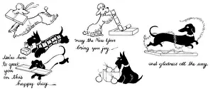 Dachshunds: Poodle, scottie and dachshund with presents etc