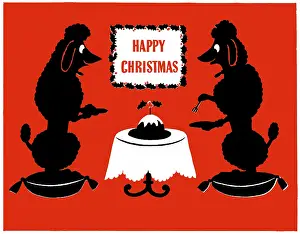 Cushions: Two poodles eating Christmas pudding