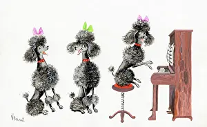 Poodles: Three poodles singing and playing piano