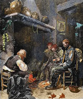 Grandmother: Poor family at home. Early nineteenth century. Colored engra