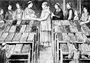 Sixtus: Pope Sixtus IV visiting a library in Rome (15th century)