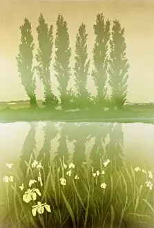 Airbrush: Poplar Trees and Yellow Flag Irises