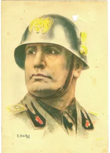 Excesses: Portait of helmeted Mussolini in uniform
