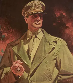 Macarthur: Portrait of General Douglas MacArthur in uniform with cigar