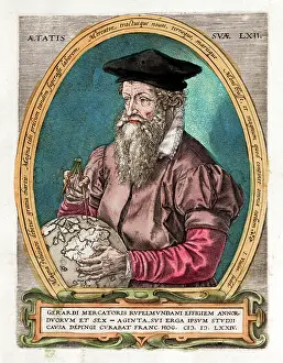 Bertius: Portrait of Mercator with globe and compass