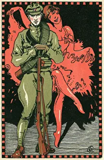 Entertained: Postcard, Czech soldier and dancer, WW1