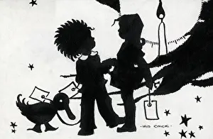The Iris Chick Collection: Postcard design artwork - Two children by a Christmas tree