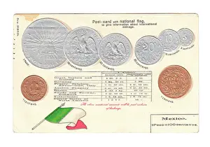 Peso: Postcard, Mexican flag and coins