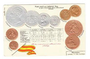 Peseta: Postcard, Spanish flag and coins