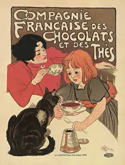 Theophile: Poster with a Lady and Tea, a Girl with Cat on a Table