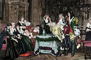 Posthumous: The posthumous baptism. Engraving. Colored