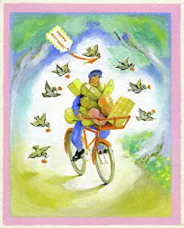 Beaks: Postman on bicycle with birthday presents