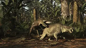 Vulnerability: Postosuchus attacking a dicynodont in a Triassic forest