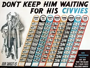 Raincoat: Postwar poster, Don't keep him waiting for his civvies
