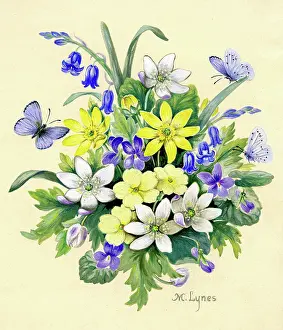 Posy of spring flowers with blue butterflies