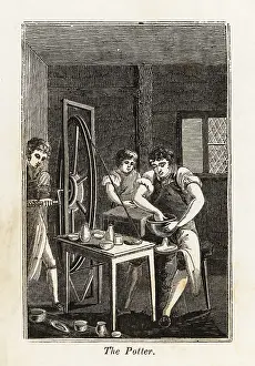 F.c. And J. Rivington: Potter in apron shaping a clay bowl in a workshop