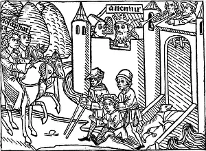 Wayside: poverty, misery, Middle Ages, beggars sitting