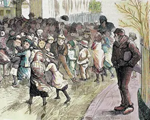 Distribution: Poverty in Sheffield. Needy kids going to the distribution o