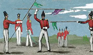 Pennant: Practical exercises in fencing. Engraving. 19th century. Col