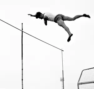 Vaulter: Prague 1947, pole vaulter on his way down after