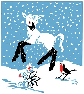 Rees: Prancing Lamb in the Snow ? with robin