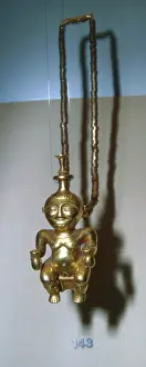 Precolombian: Pre-Columbian gold lime container and necklace