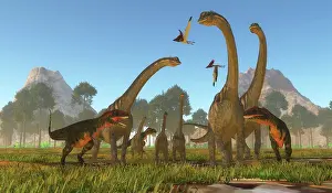 Surrounding: Three predatory Mapusaurus dinosaurs surround