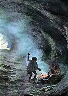 Cavemen: prehistory, cavemen in their cave, drawing, 19th